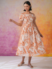 Orange Floral Printed Cotton Dress for Women - SanskrutiHomes 