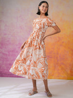 Orange Floral Printed Cotton Dress for Women - SanskrutiHomes 