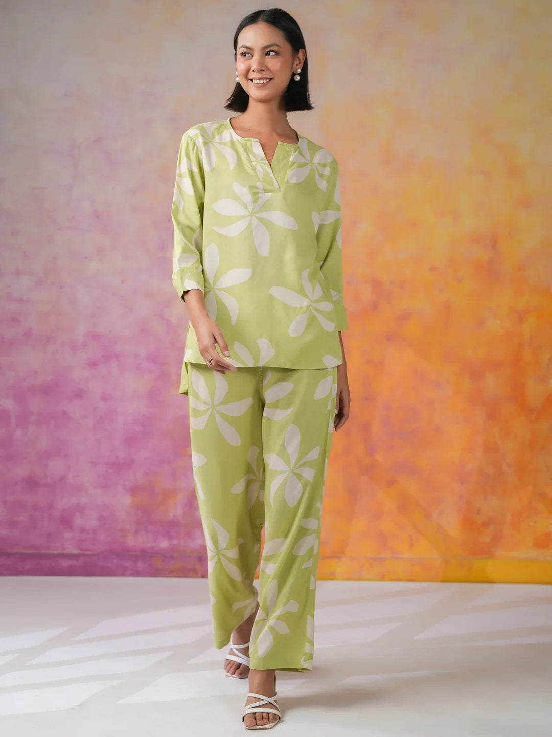 Green Floral Printed Cotton Co-ords Set for Women - SanskrutiHomes 