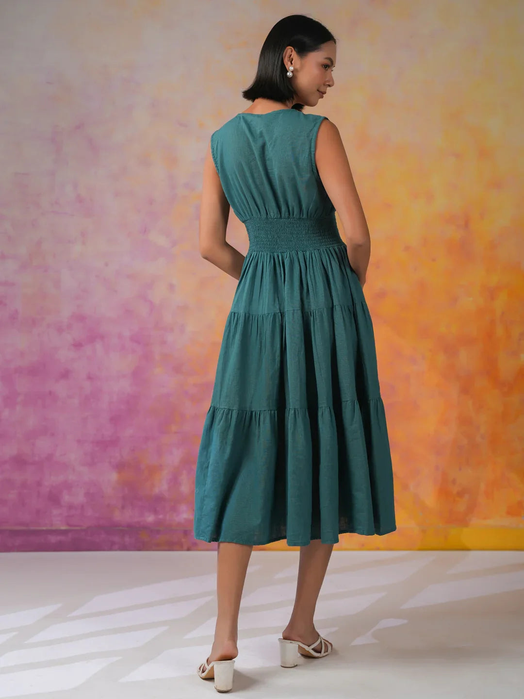 Sea Green Round Neck Solid Print Dress - SanskrutiHomes 