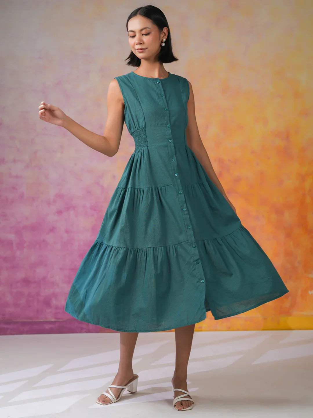Sea Green Round Neck Solid Print Dress - SanskrutiHomes 