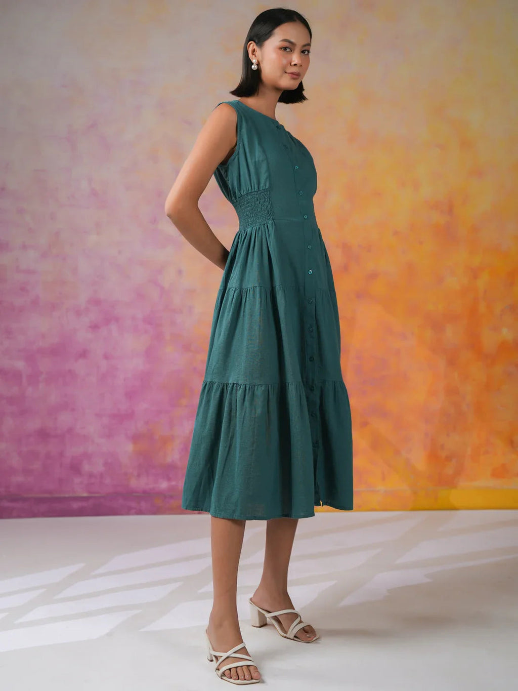 Sea Green Round Neck Solid Print Dress - SanskrutiHomes 