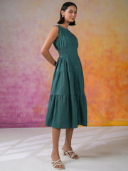 Sea Green Round Neck Solid Print Dress - SanskrutiHomes 