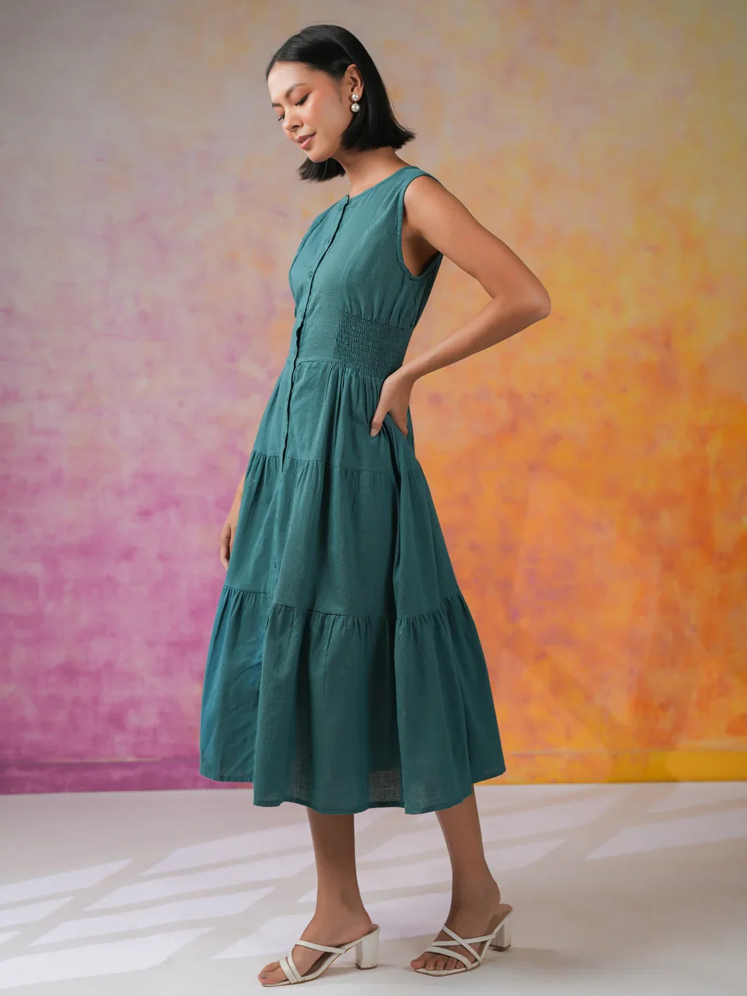 Sea Green Round Neck Solid Print Dress - SanskrutiHomes 