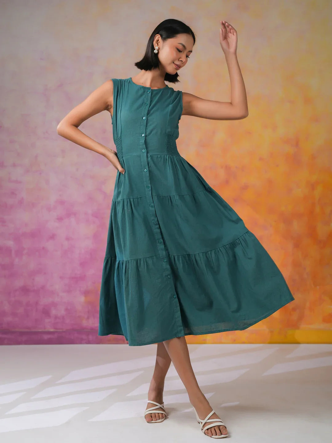 Sea Green Round Neck Solid Print Dress - SanskrutiHomes 
