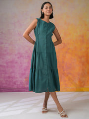 Sea Green Round Neck Solid Print Dress - SanskrutiHomes 