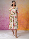 Off White Shirt Collar Floral Print Dress for Women - SanskrutiHomes 