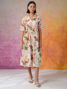 Off White Shirt Collar Floral Print Dress for Women - SanskrutiHomes 