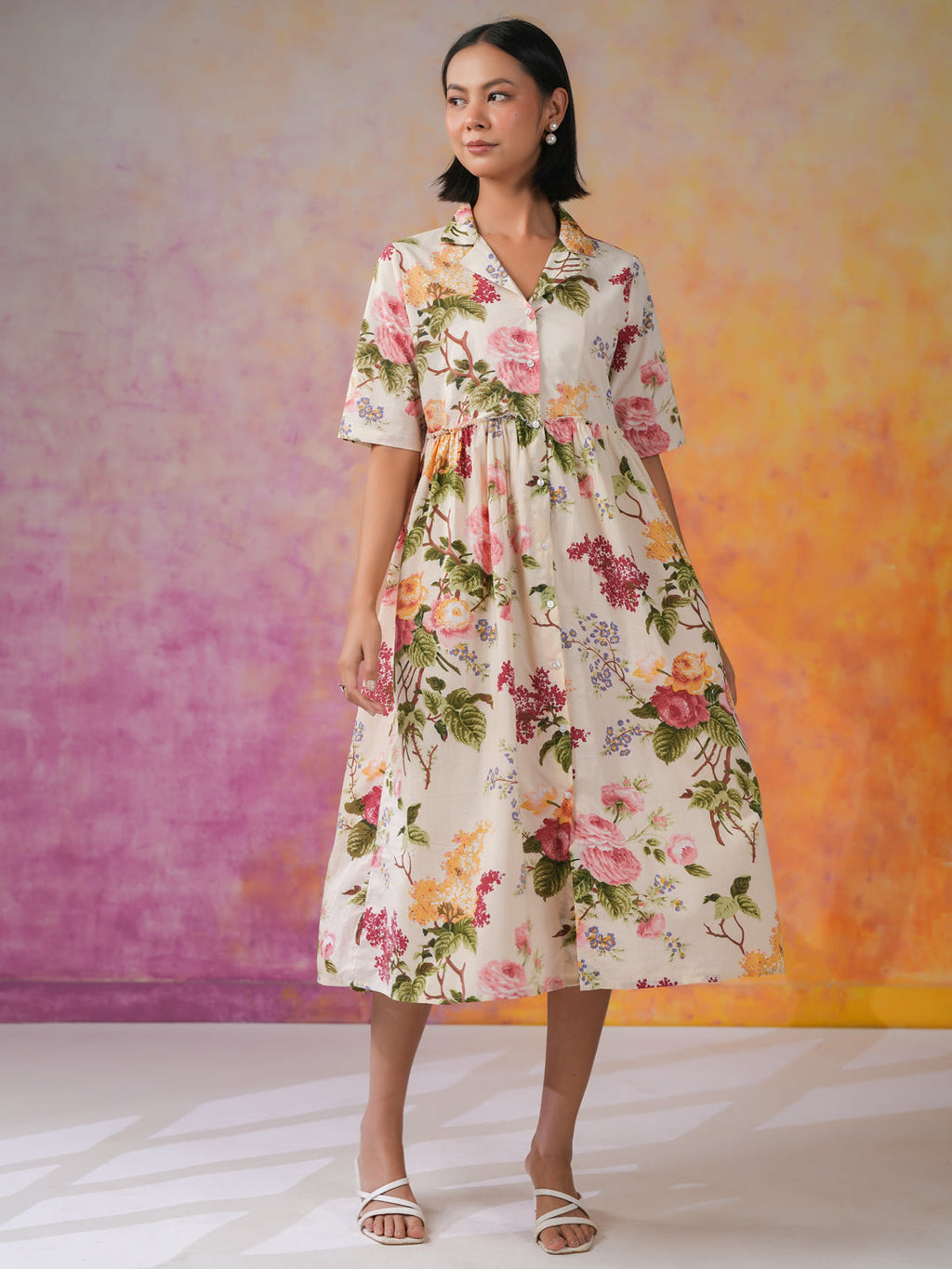 Off White Shirt Collar Floral Print Dress for Women - SanskrutiHomes 