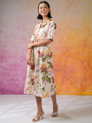 Off White Shirt Collar Floral Print Dress for Women - SanskrutiHomes 