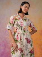 Off White Shirt Collar Floral Print Dress for Women - SanskrutiHomes 
