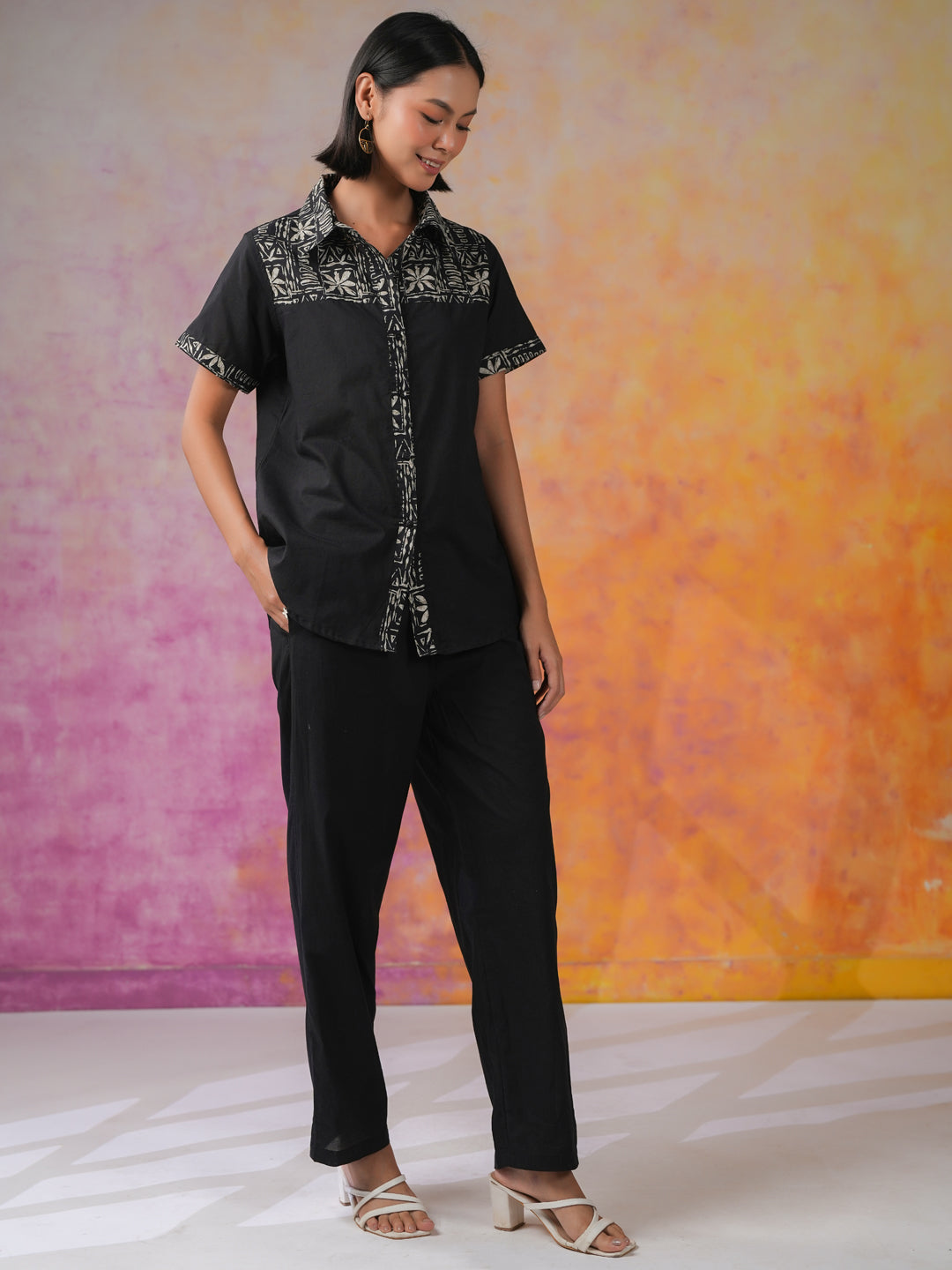 Black Floral Printed Cotton Co-ords Set - SanskrutiHomes 