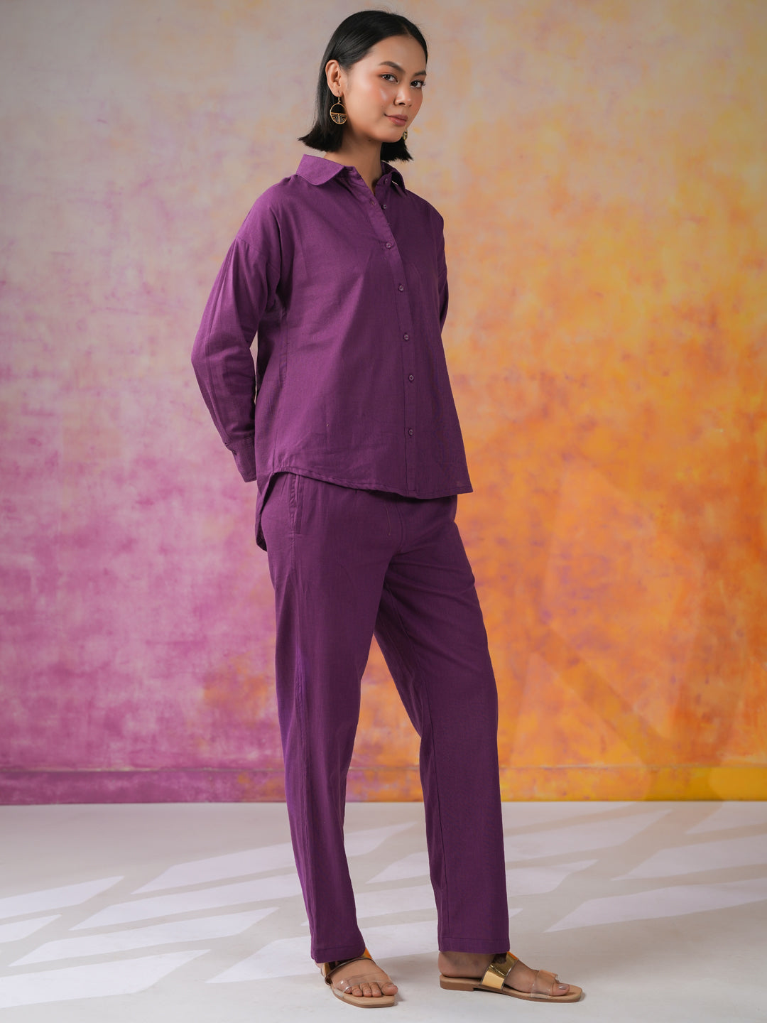 Purple Color Solid Print Cotton Co-ords Set - SanskrutiHomes 