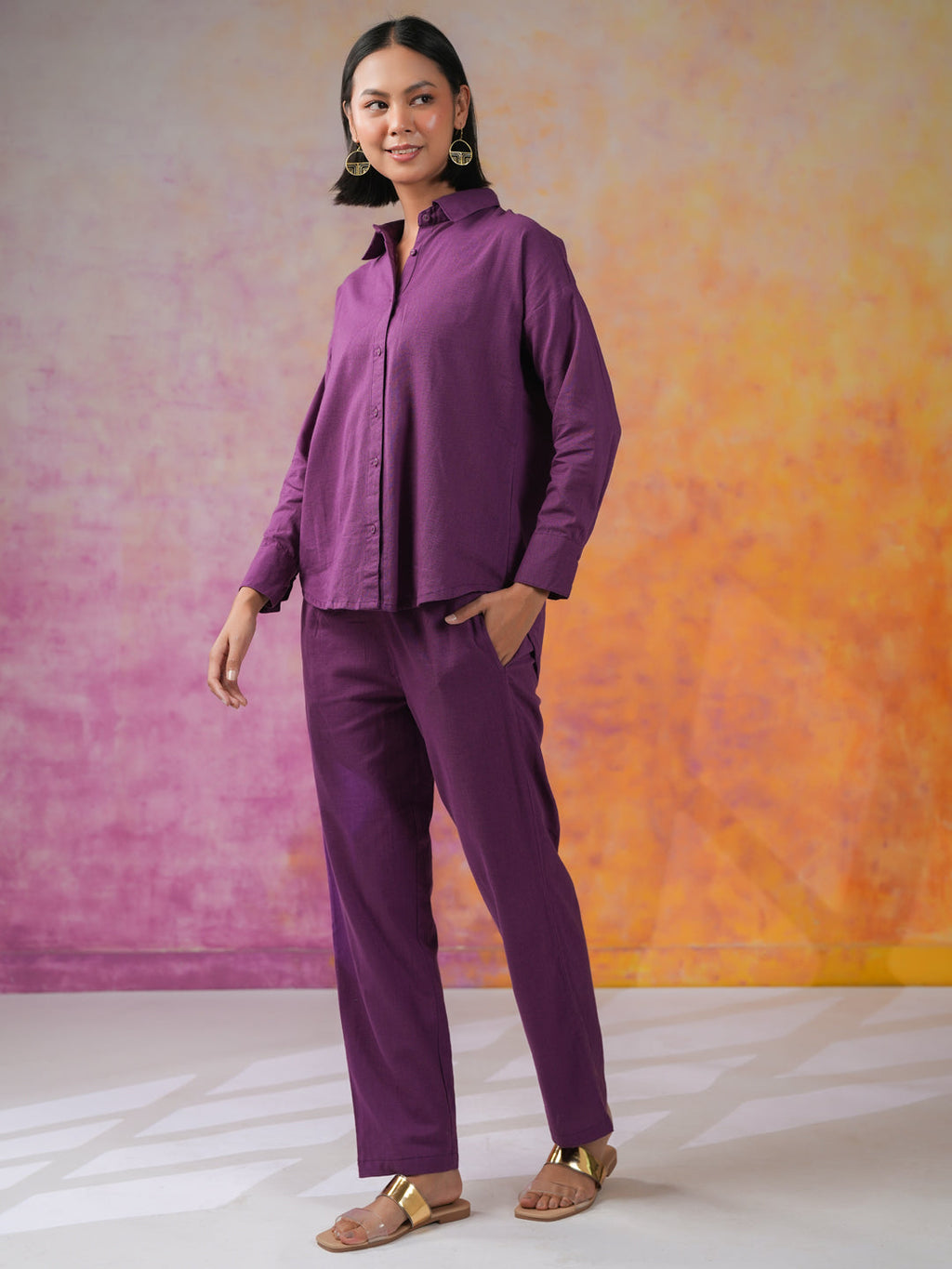 Purple Color Solid Print Cotton Co-ords Set - SanskrutiHomes 