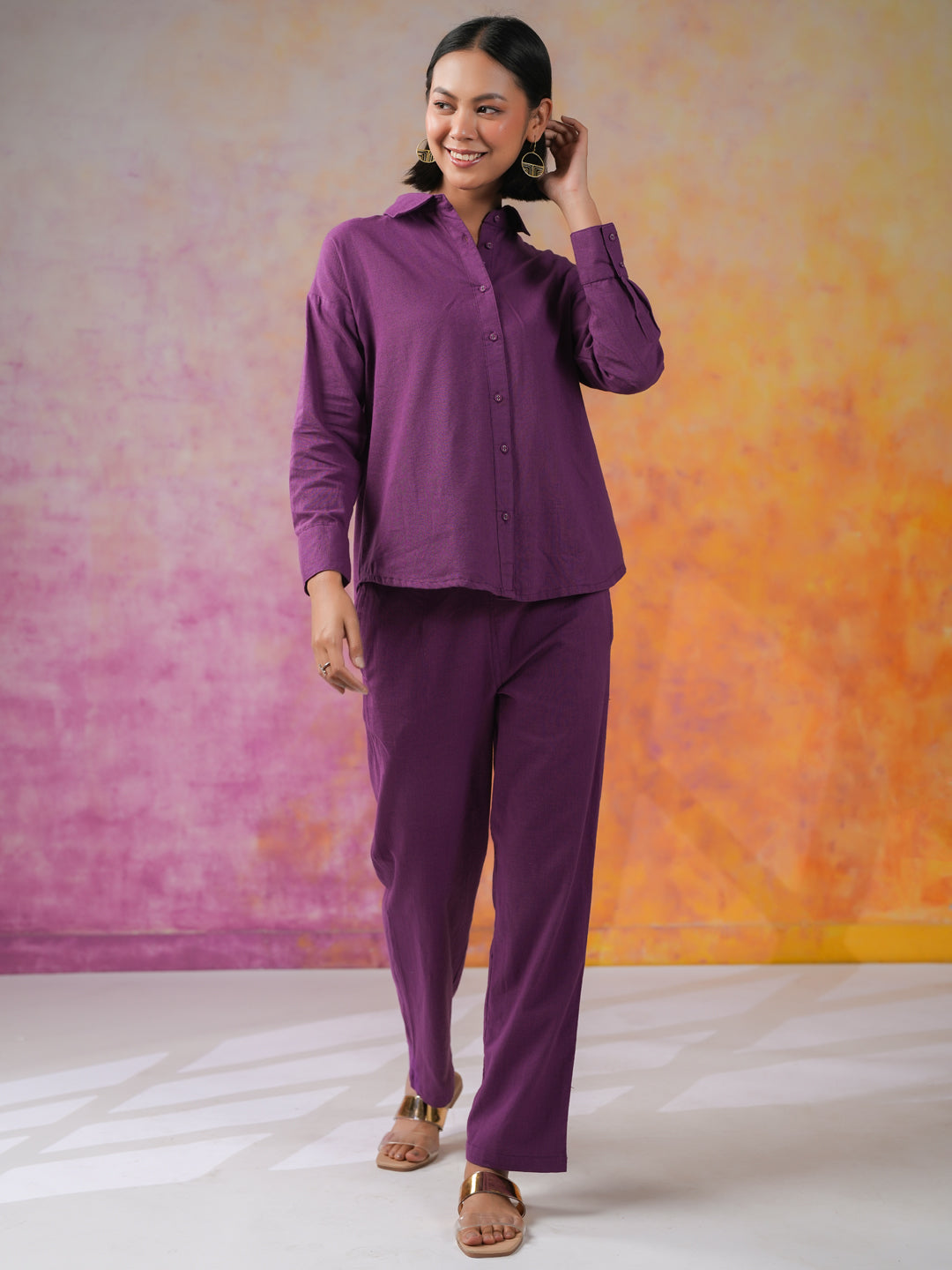Purple Color Solid Print Cotton Co-ords Set - SanskrutiHomes 
