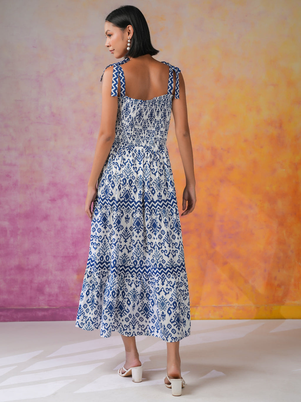Blue Printed Square Neck Dress for Women - SanskrutiHomes 