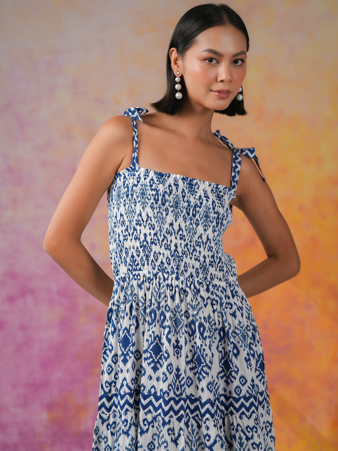 Blue Printed Square Neck Dress for Women - SanskrutiHomes 