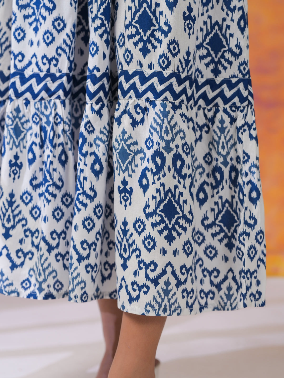 Blue Printed Square Neck Dress for Women - SanskrutiHomes 