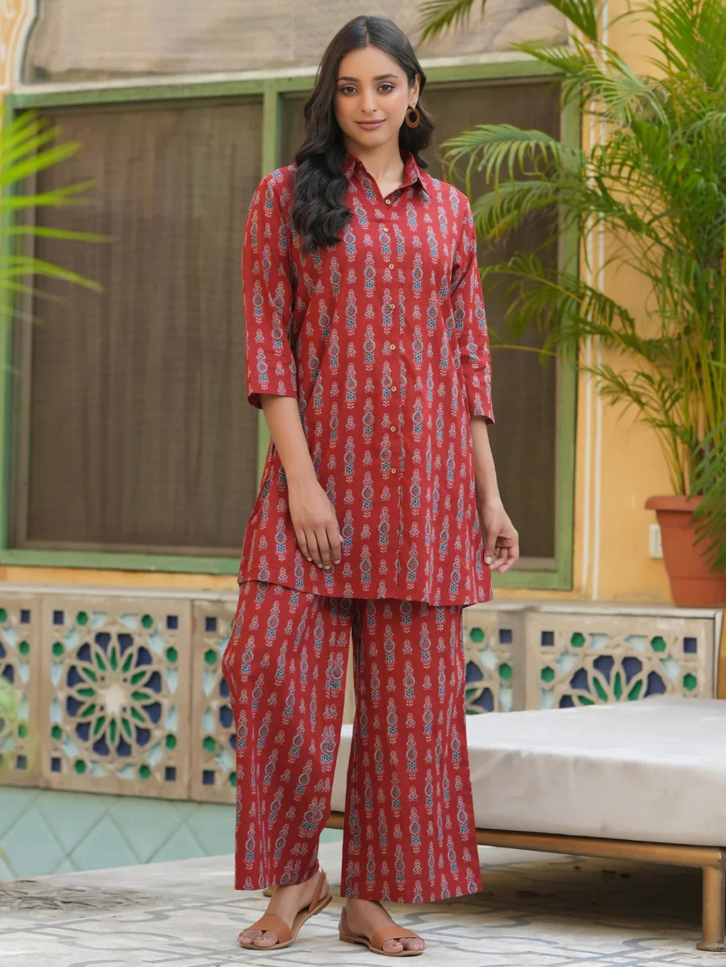 Red pure cotton co-ord set - SanskrutiHomes 