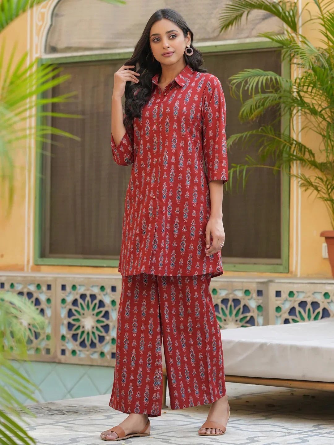 Red pure cotton co-ord set - SanskrutiHomes 