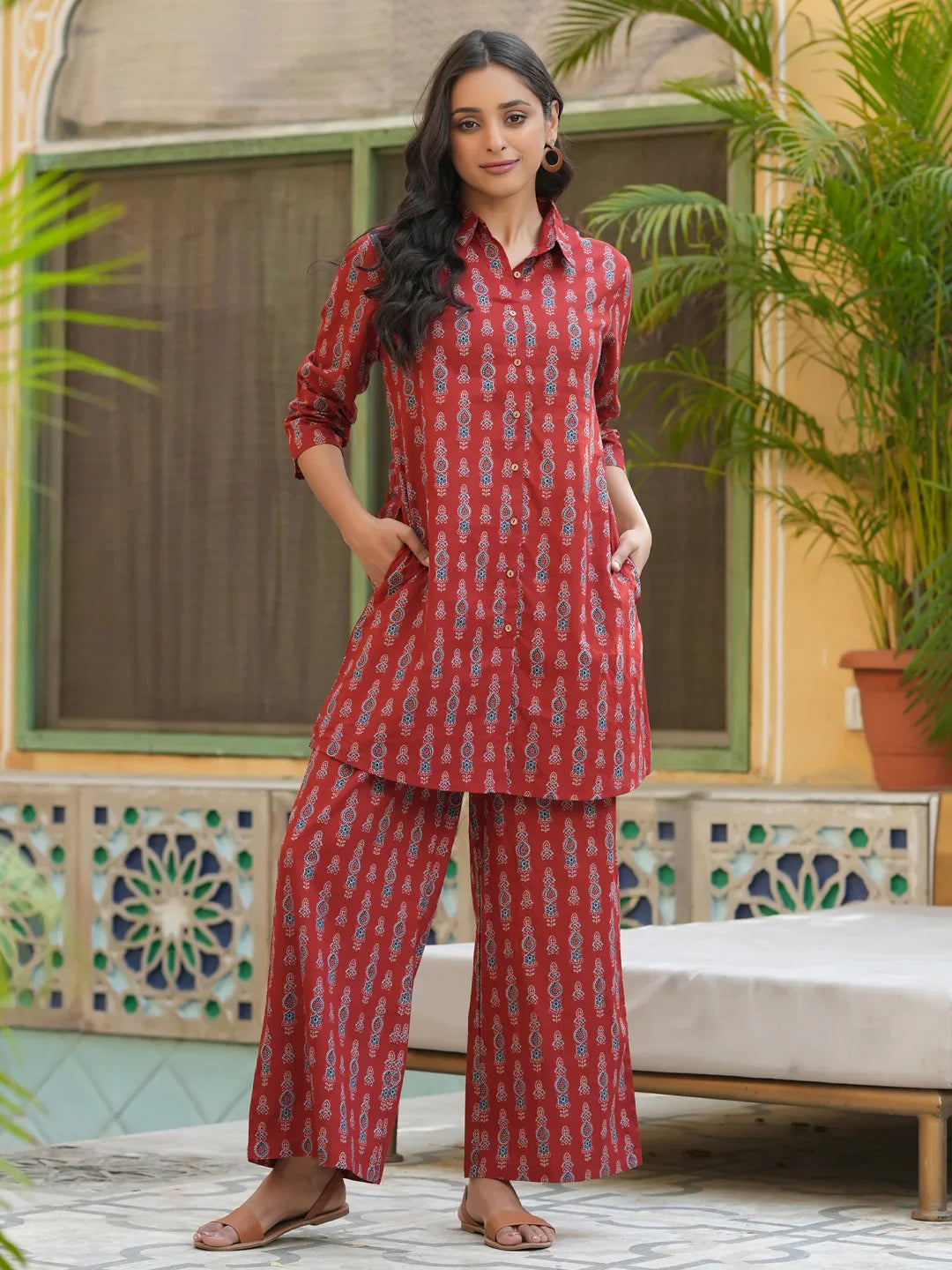 Red pure cotton co-ord set - SanskrutiHomes 