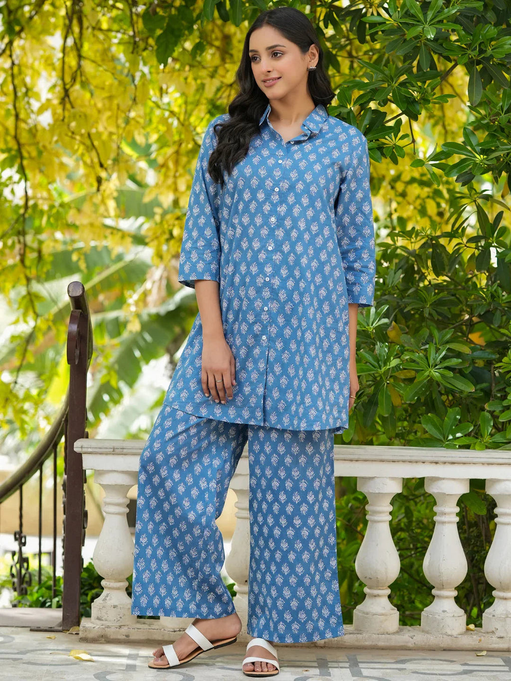 AZURE BLUE Printed pure cotton co-ord set - SanskrutiHomes 