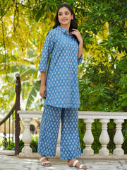 AZURE BLUE Printed pure cotton co-ord set - SanskrutiHomes 