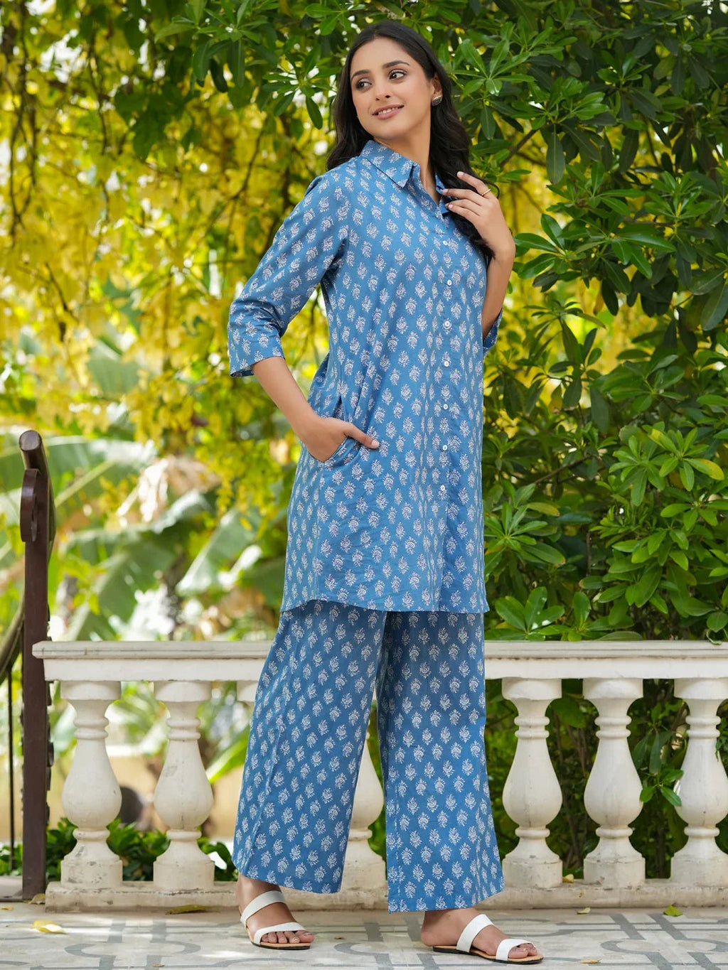 AZURE BLUE Printed pure cotton co-ord set - SanskrutiHomes 