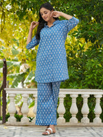 AZURE BLUE Printed pure cotton co-ord set - SanskrutiHomes 