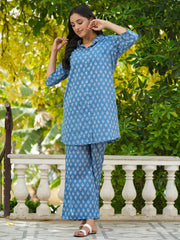 AZURE BLUE Printed pure cotton co-ord set - SanskrutiHomes 