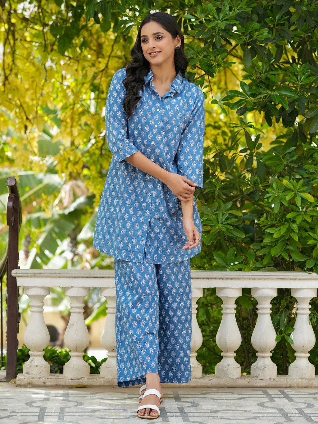 AZURE BLUE Printed pure cotton co-ord set - SanskrutiHomes 