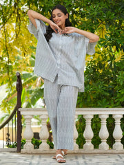Grey stripes loose fit cotton Night Suit Set - SanskrutiHomes 
