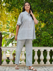 Grey stripes loose fit cotton Night Suit Set - SanskrutiHomes 