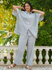 Grey stripes loose fit cotton Night Suit Set - SanskrutiHomes 