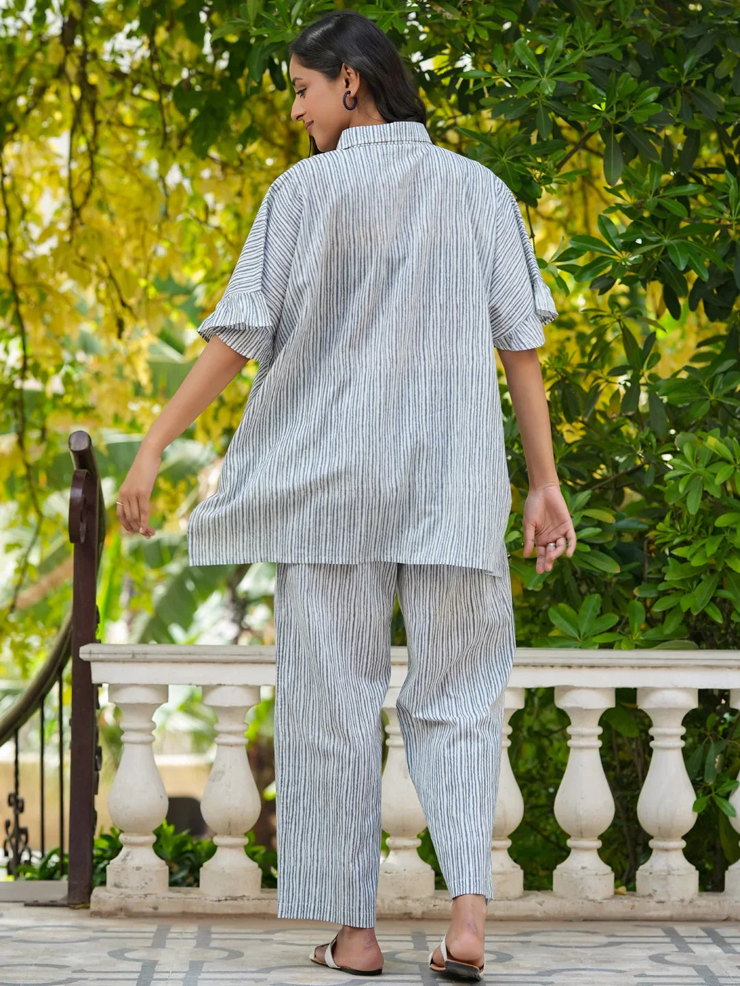 Grey stripes loose fit cotton Night Suit Set - SanskrutiHomes 