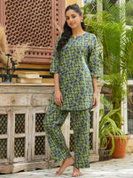 Green cotton printed loungewear set - SanskrutiHomes 