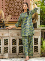 Green cotton printed loungewear set - SanskrutiHomes 