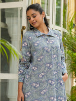 Blue floral print Lounge Dress - SanskrutiHomes 