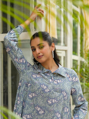 Blue floral print Lounge Dress - SanskrutiHomes 
