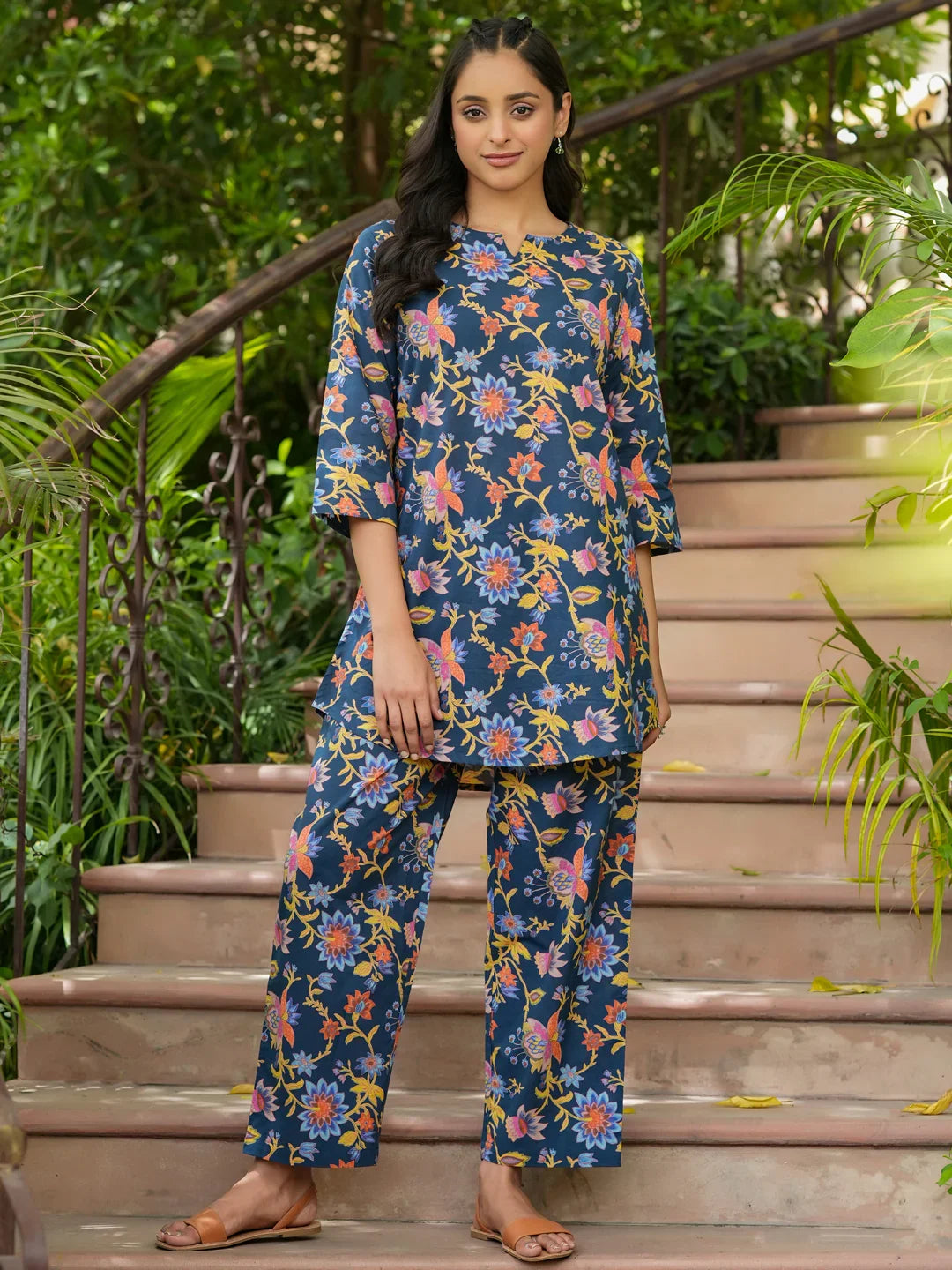 Blue cotton printed loungewear set - SanskrutiHomes 
