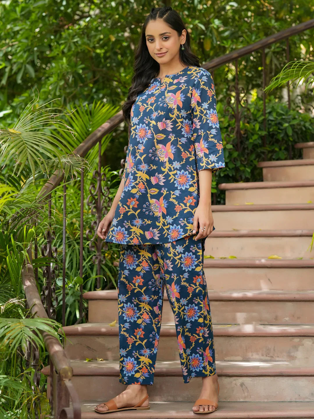 Blue cotton printed loungewear set - SanskrutiHomes 