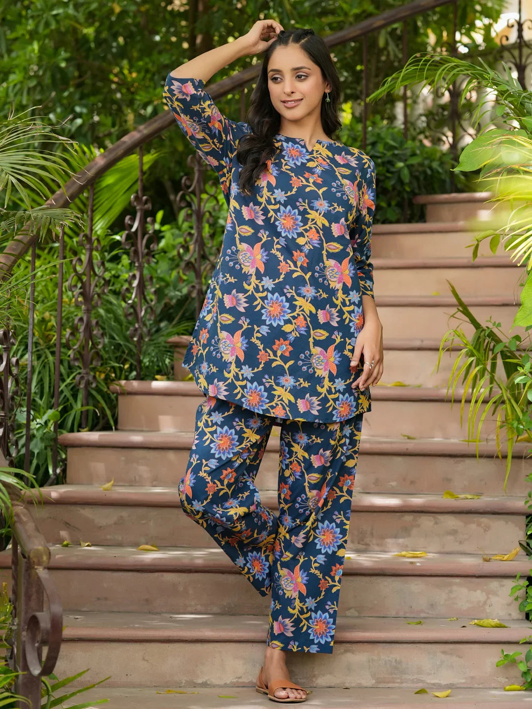 Blue cotton printed loungewear set - SanskrutiHomes 