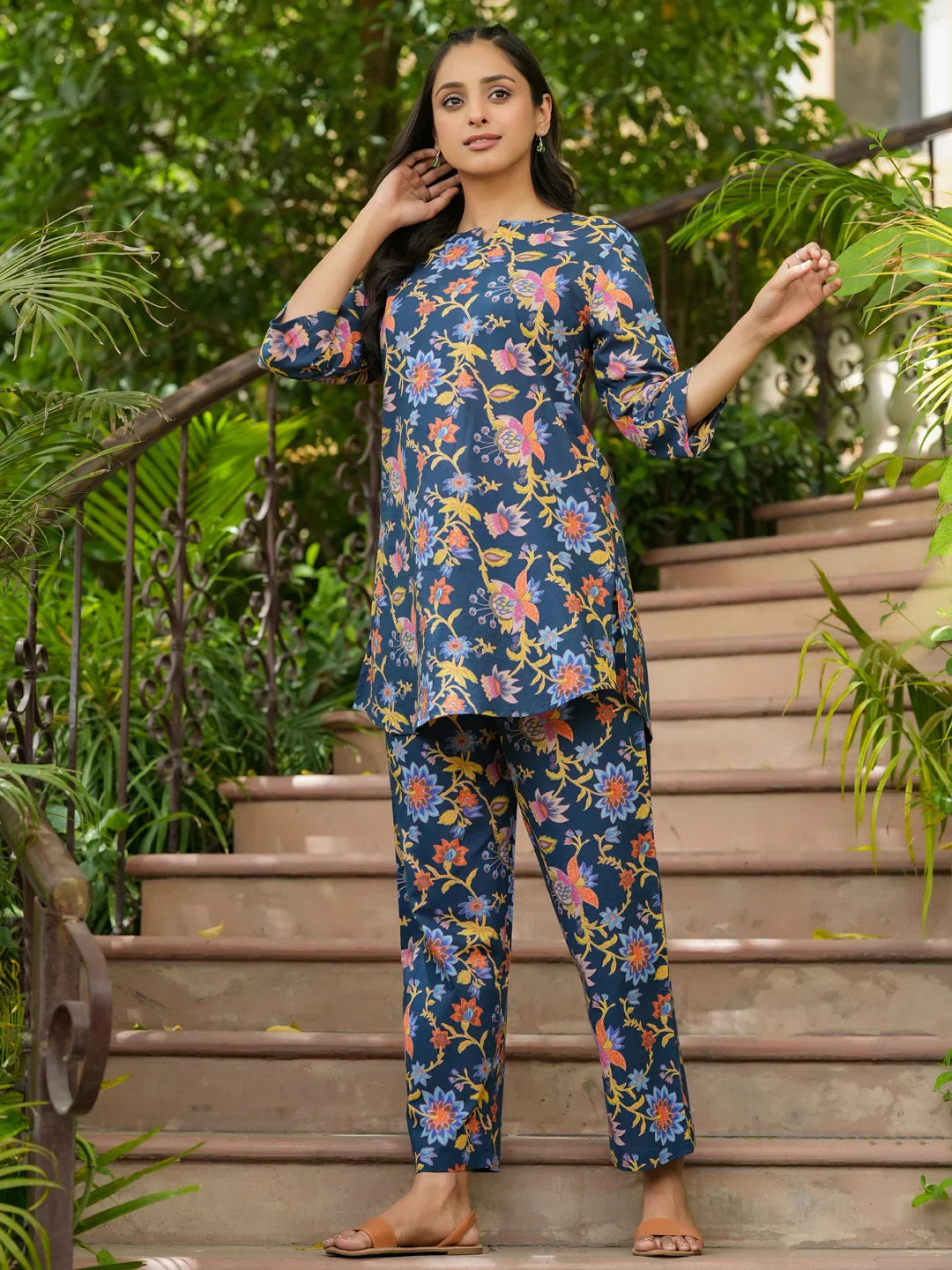 Blue cotton printed loungewear set - SanskrutiHomes 