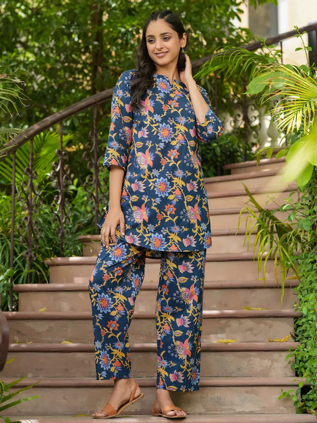 Blue cotton printed loungewear set - SanskrutiHomes 