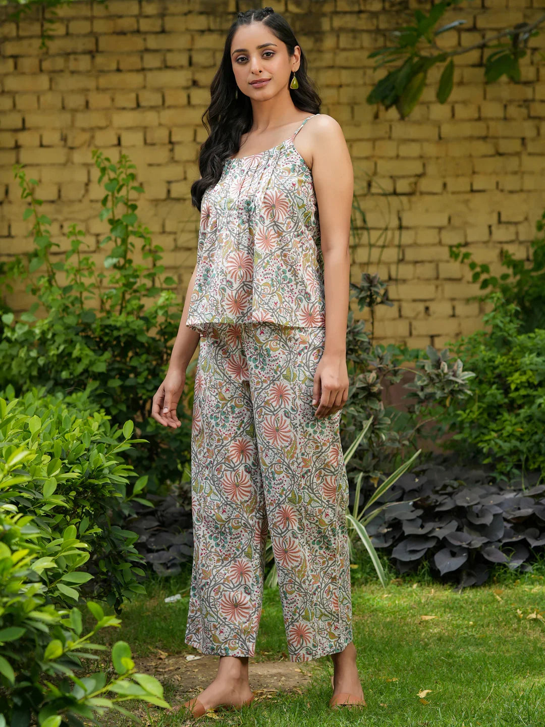 STEP Green Floral Printed cotton co-ord set - SanskrutiHomes 