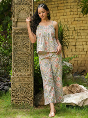 STEP Green Floral Printed cotton co-ord set - SanskrutiHomes 
