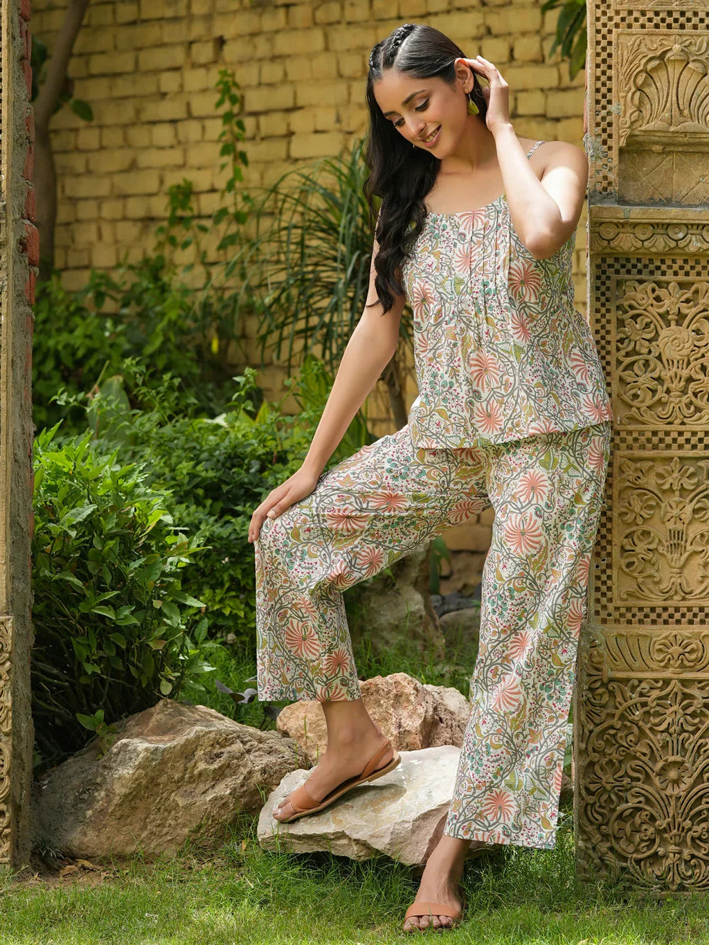 STEP Green Floral Printed cotton co-ord set - SanskrutiHomes 