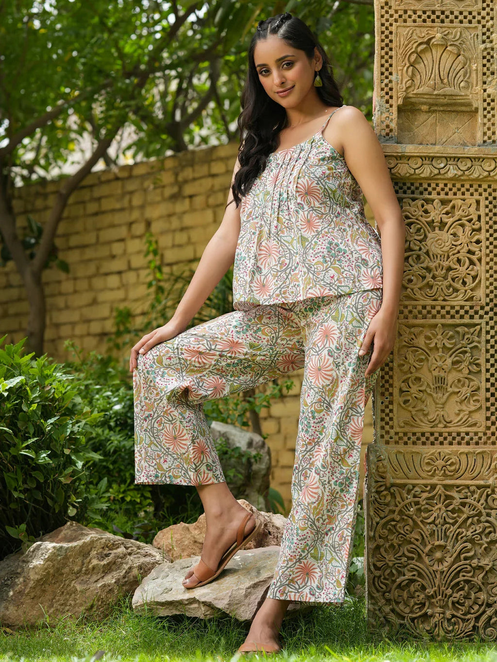 STEP Green Floral Printed cotton co-ord set - SanskrutiHomes 