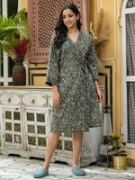 Green Cotton printed kimono robe - SanskrutiHomes 