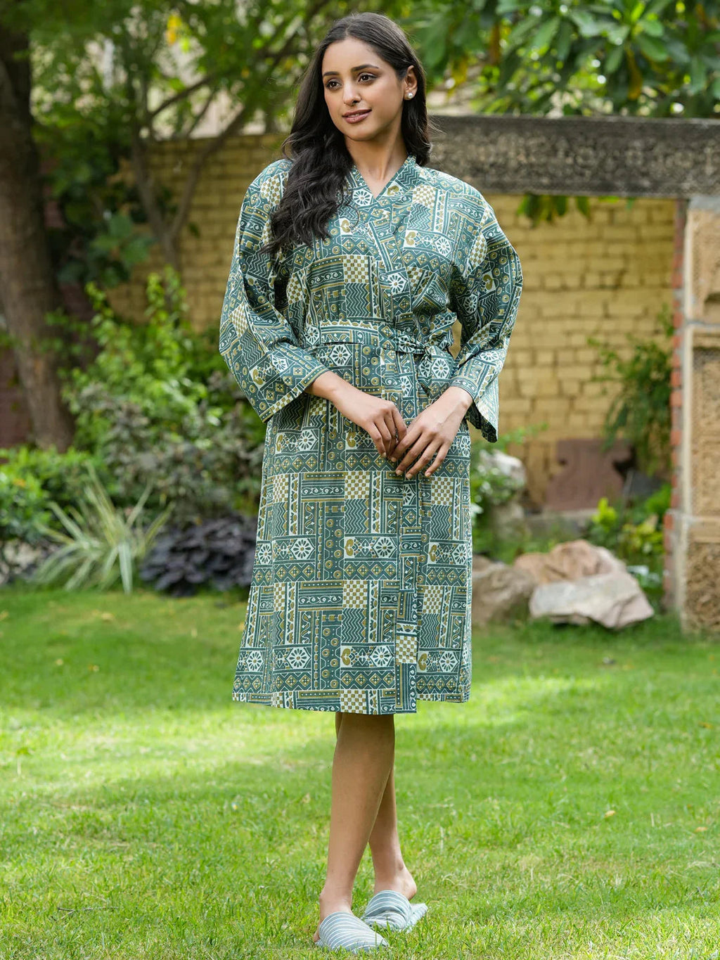 Green Cotton printed kimono robe - SanskrutiHomes 